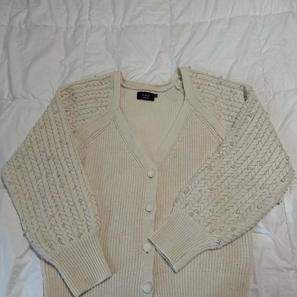 Vici Cream Cardigan Sweater with Textured Knit